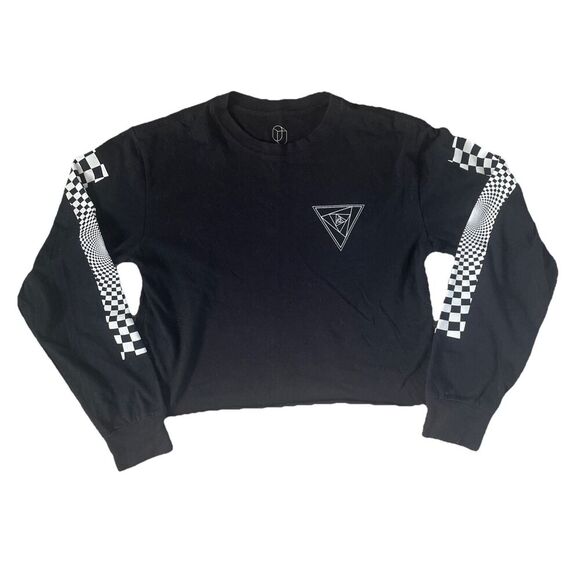 Original Use Women XS Boxy Cropped Long Sleeve T-Shirt Black Geometric Checkered - Picture 3 of 7